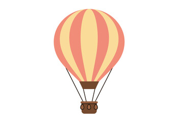 Fototapeta premium A striped pink and yellow hot air balloon with a brown basket is centered on a white background