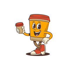 Cheerful orange takeaway coffee cup mascot with red lid holding small coffee cup and smiling. Suitable for cafe promotions, packaging, branding, or advertising materials. Vector illustration