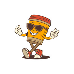 Smiling orange coffee cup mascot with red lid wearing sunglasses walking proudly and showing victory and thumbs up gestures. Suitable for branding, advertising, or social media. Vector illustration