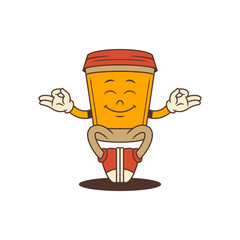 Orange takeaway coffee cup mascot with red lid smiling peacefully while meditating in seated position. Perfect for wellness, branding, or cafe promotions. Vector illustration