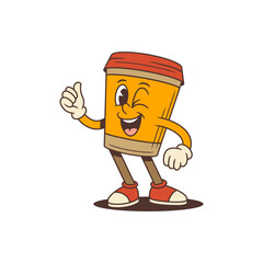 Cheerful orange coffee cup mascot with red lid winking and showing thumbs up gesture. Great for coffee shop branding, takeaway promotions, digital media, and cafe marketing. Vector illustration