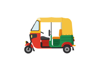 Fototapeta premium A threewheeled auto rickshaw with a yellow roof red front and green back