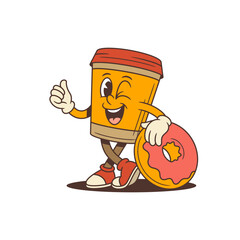 Cheerful coffee cup mascot with red lid winking and leaning on pink donut while giving thumbs up. Ideal for cafe branding, advertising, and menu design. Vector illustration