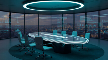 Futuristic conference room with city view technology