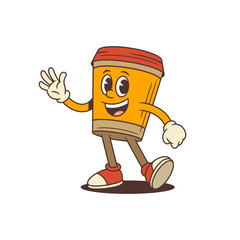 Energetic orange coffee cup mascot in vintage cartoon style waving hand and smiling. Perfect for cafe promotion, branding, packaging, and social media marketing. Vector illustration