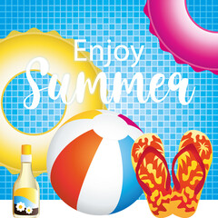 Enjoy Summer. Swimming pool hand drawn illustration with colorful objects.