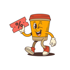 Cheerful takeaway coffee cup mascot walking with wink and holding red discount coupon with percentage sign. Perfect for cafe marketing, promotions, packaging, and social media. Vector illustration
