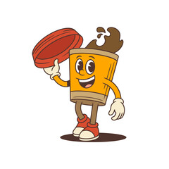 A cheerful coffee cup mascot character with arms and legs playfully tips its lid in a welcoming gesture. Perfect for coffee shops, cafes, and beverage branding. Vector illustration