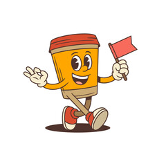 A cheerful coffee cup mascot character joyfully waves a flag. Ideal for coffee shops, cafes, and beverage branding. Perfect for logos, advertisements, and promotional materials. Vector illustration