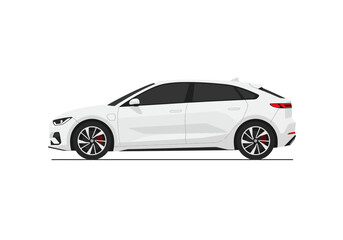 A white electric car is parked displaying its side profile with black rims and red brake calipers