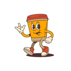 Coffee cup mascot with orange body and lively expression walking confidently. Character shows playful rock on gesture perfect for marketing, social media and promotional materials. Vector illustration