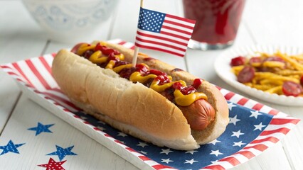 A classic american hot dog adorned with ketchup and mustard topped with a miniature us flag ready for a celebration