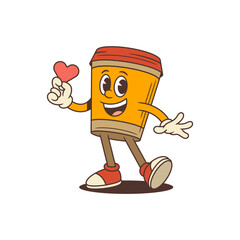 Coffee cup mascot with red lid walking dynamically while holding a pink heart and inviting with an open hand. Ideal for social media, advertising, and cafe branding with joyful, lively vibes