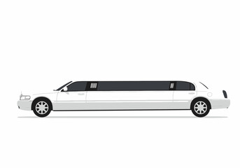 A white limousine is shown in profile featuring elongated body tinted windows and distinctive front grill