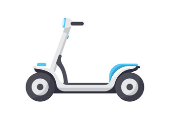 A white electric scooter with black handles wheels and an accent of light blue