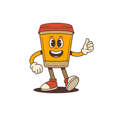 Energetic coffee cup mascot with orange body and red sneakers showing thumbs-up and open palm gesture. Cheerful design perfect for cafes,social media, and promotional materials. Vector illustration