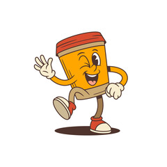 Coffee cup mascot with bright orange body showcasing a friendly wave and lively skipping pose. Perfect for social media, cafe branding, and marketing materials with a cheerful, dynamic vibe