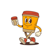 Joyful coffee cup mascot walking with lively energy and a toast gesture, radiating friendliness and confidence. Perfect for branding, marketing, social media, and coffee shop promotions