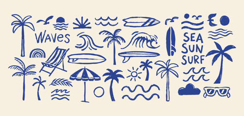 Hand-drawn doodle beach and surf icon vector set with tropical elements like palm trees, waves, surfboards, and sun. Perfect for summer designs, t-shirts, posters, and coastal branding.