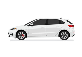 Obraz premium A white hatchback car is shown in profile on a white background