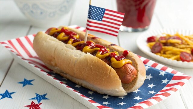 A classic american hot dog adorned with ketchup and mustard topped with a miniature us flag ready for a celebration