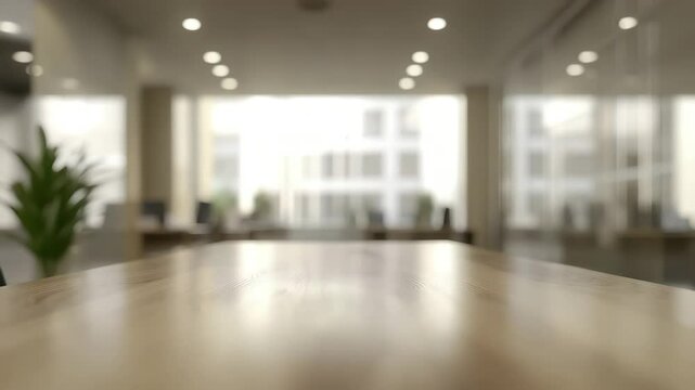 Modern office interior workspace featuring wooden table desk with natural light and blurred background creating calm professional business atmosphere for productive work environment