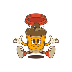 Funny coffee character sitting on the floor with open arms and joyful expression. Floating lid and swirling splash add playful energy. Perfect for branding, social media, and fun promotional materials