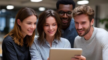A diverse group of colleagues collaborating on a project using a tablet in a modern office. long_title:A diverse group of colleagues from different