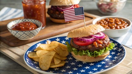 Delicious american classic hamburger with lettuce tomato onion and a side of potato wedges served on a star spangled plate