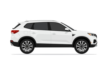 Fototapeta premium A white SUV with dark tinted windows is displayed in a side view with black tires and wheel rims
