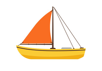 A yellow sailboat with an orange sail brown mast and rigging depicted against a white background