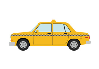 Fototapeta premium A yellow taxi with checkered stripes running along its side
