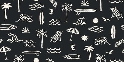 Vector surf seamless pattern. Hand drawn  elements: palm trees, waves, sun, surfboards, and beach illustrations. Surfing background.	