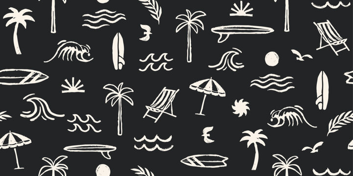 Vector surf seamless pattern. Hand drawn  elements: palm trees, waves, sun, surfboards, and beach illustrations. Surfing background.	