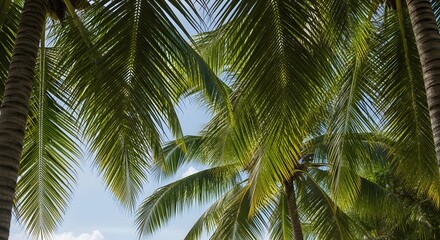 Fototapeta premium Green Palm Trees Against Pale Blue Sky Tropical Scene