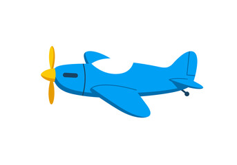 Blue cartoon airplane with yellow propeller wing tail  landing gear on white background