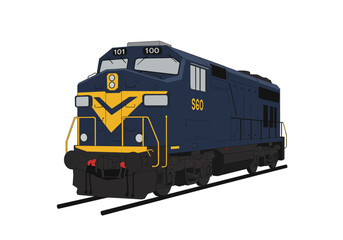 Obraz premium Blue yellow diesel train with 101 and 100 numbers on top is riding the tracks