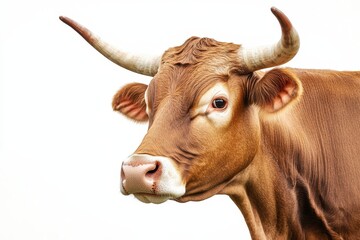 Naklejka premium Serene Brown Cow Captured in Daydreaming Pose Against a Crisp White Backdrop