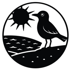 Stylized black silhouette of a bird standing by the water under a bright sun