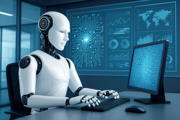 White humanoid robot typing on keyboard in modern office with data screens artificial intelligence