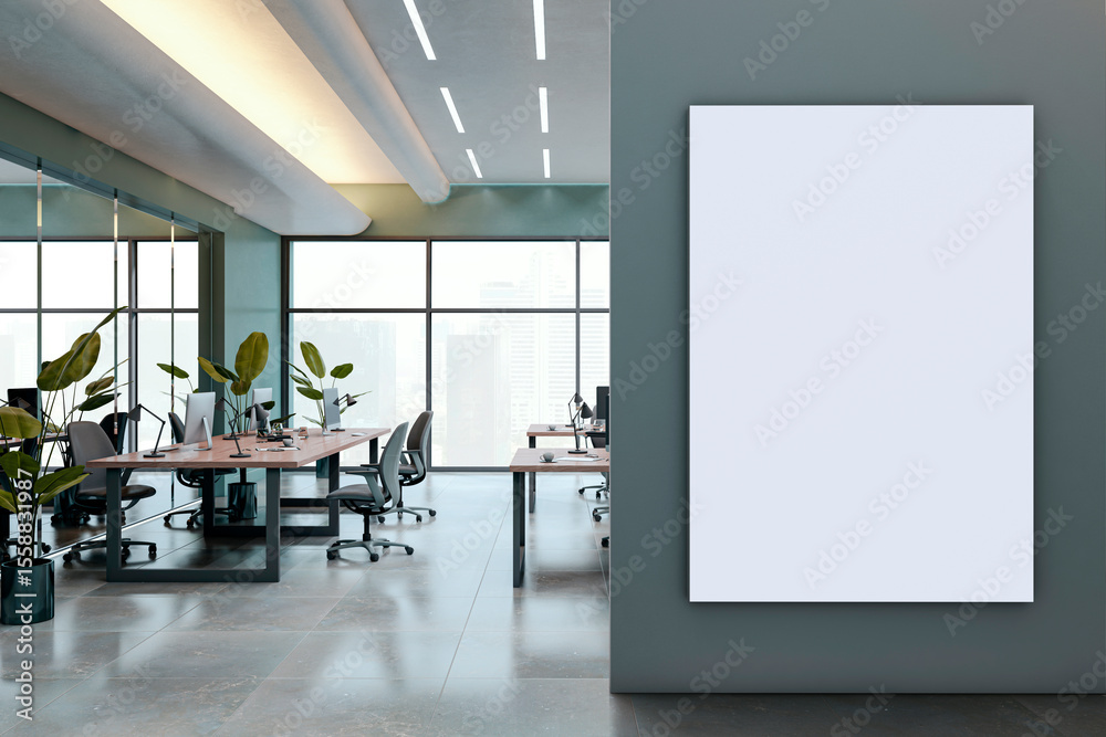 Poster Modern open office interior with empty vertical poster frame on dark wall, clean workspace design with plants and city view in background wall display. 3D Rendering