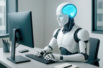 White robot with glowing blue brain works on computer artificial intelligence desk