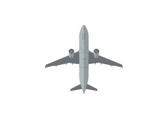 Overhead view of a gray passenger airplane with two engines on a white background