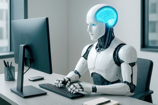 White robot with glowing blue brain works on computer artificial intelligence desk