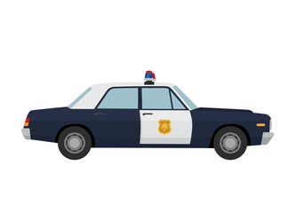 Side view of a blue and white police car with a red and blue light on top