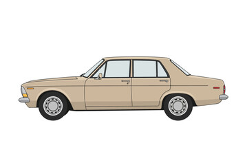 Side view of a tan car with black tires and silver hubcaps