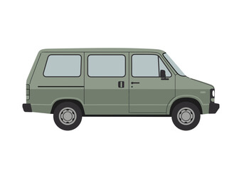 Side view of a green passenger van with tinted windows and black trim against a white background