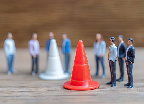 Miniature figures stand before traffic cones, symbolizing obstacles or roadblocks in business or life.