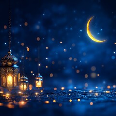 Mystical night scene with glowing lanterns and crescent moon