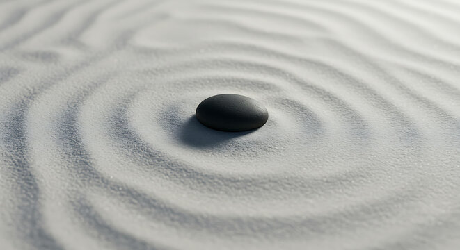 Smooth Dark Stone Centered in Zen Garden Sand Ripples.